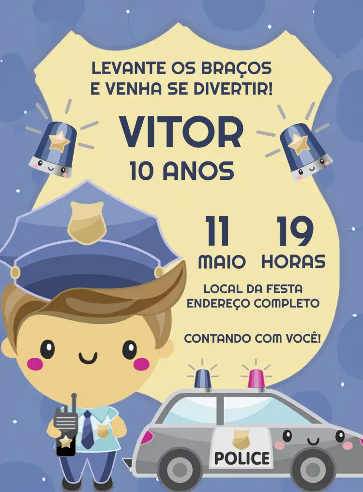 Convite Policial Viatura – tema Mais pesquisados moderno, divertido, colorido, temático, jovial