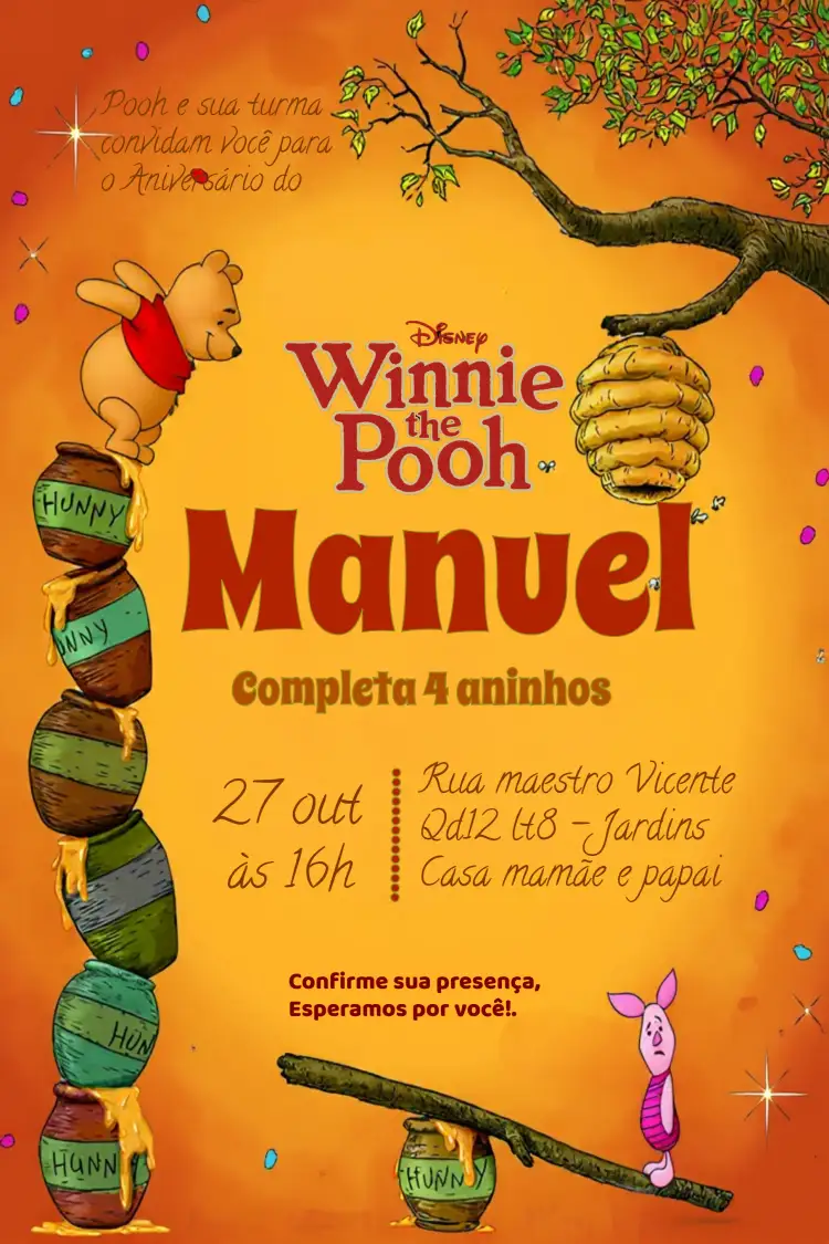 Convite Pooh E Sua Turma Ursinho – tema Aniversário Infantil colorido, lúdico, infantil, divertido, ilustração, animais