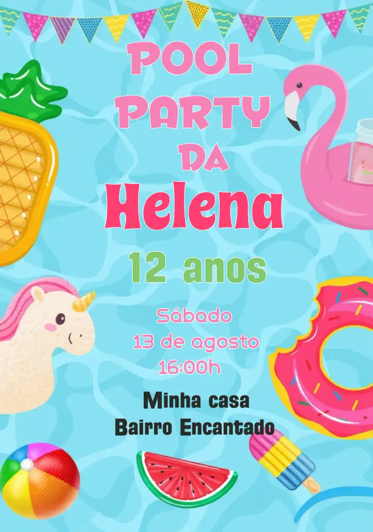 Convite Pool Party Colorido – tema Mais pesquisados colorido, tropical, verão, divertido, vibrante, lúdico