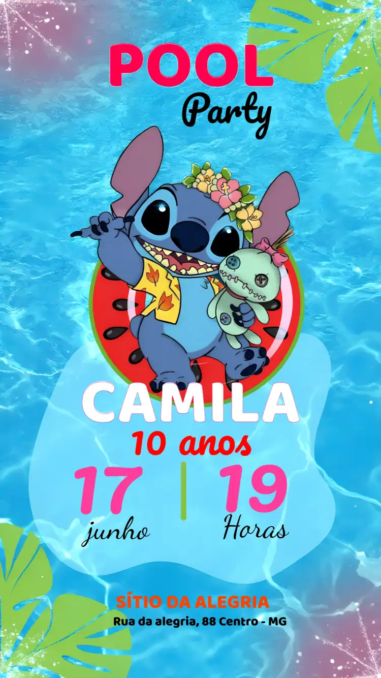 Convite Pool Party Do Stitch Infantil – tema Mais pesquisados colorido, tropical, divertido, aquático, infantil