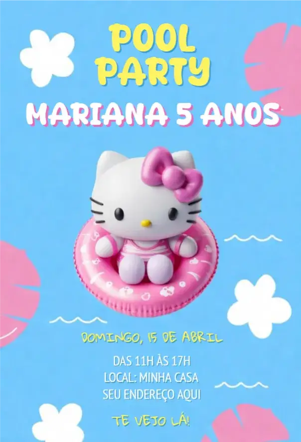 Convite Pool Party Hello Kity – tema Aniversário cores suaves, estilo moderno, elementos gráficos divertidos, tema infantil, visual alegre, estilo colorido