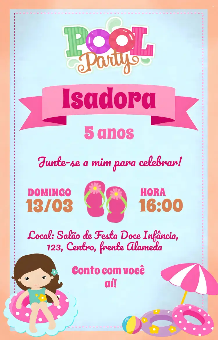 Convite Pool Party Menina – tema Mais pesquisados cores vibrantes, elementos aquáticos, design moderno, estilo lúdico, tendência rosa e azul, inspirado em festas