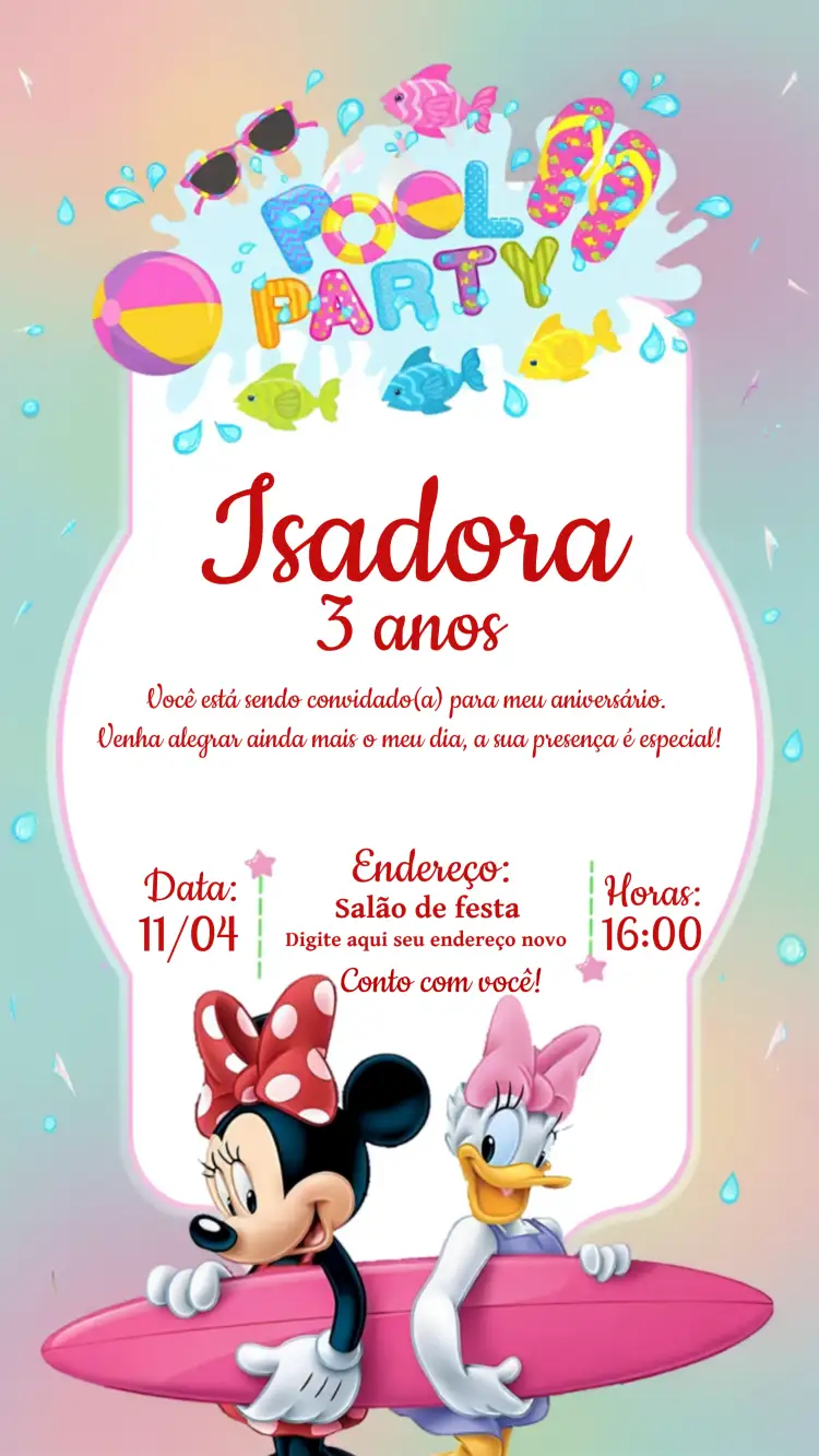 Convite Pool Party Minnie Mouse Disney – tema Mais pesquisados divertido, colorido, temático, veranil, infantil