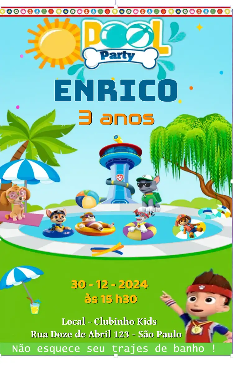 Convite Pool Party Patrulha Canina Colorido – tema Aniversário Infantil colorido, divertido, infantil, temático, animado
