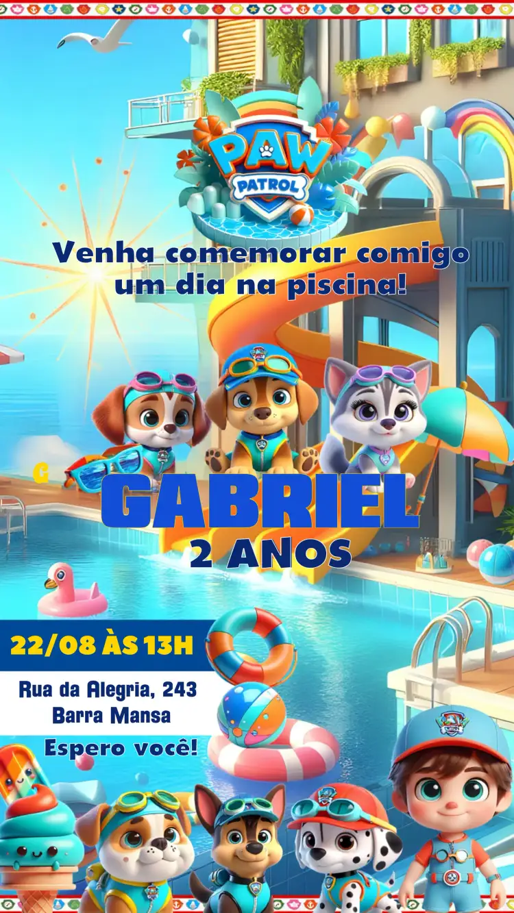 Convite Pool Party Patrulha Canina Infantil – tema Aniversário Infantil colorido, divertido, temático, infantil, animado