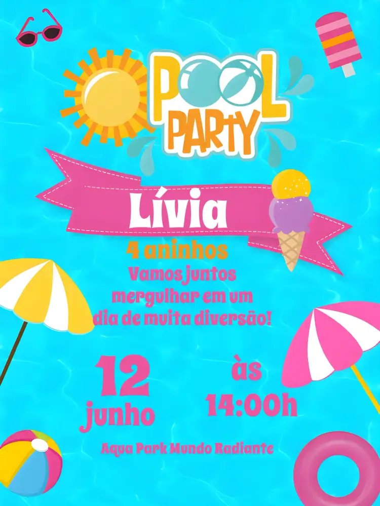 Convite Pool Party Praia – tema Mais pesquisados colorido, tropical, divertido, marinho, veranil