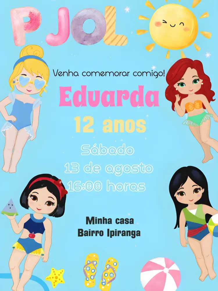 Convite Pool Party Princesas Adulto – tema Aniversário cores vibrantes, estilo lúdico, elementos gráficos de princesas, inspirado em contos de fadas, temática de piscina, design moderno