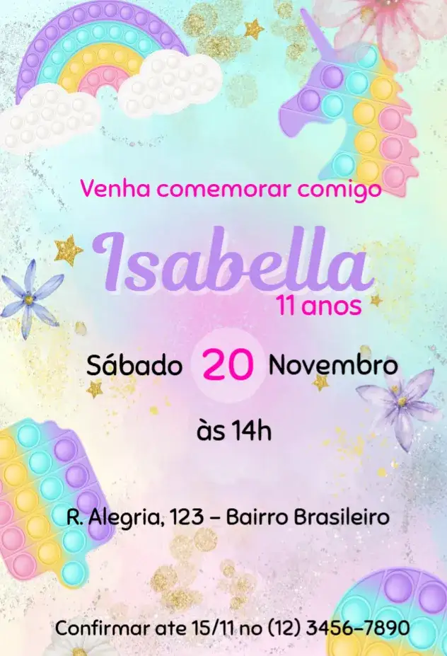 Convite Pop It – tema Aniversário Infantil colorido, lúdico, divertido, brincalhão, temático, alegre