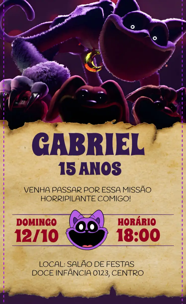 Convite Poppy Play Time Terror – tema Mais pesquisados roxo, jogos, terror, infantil, diversão, aventura