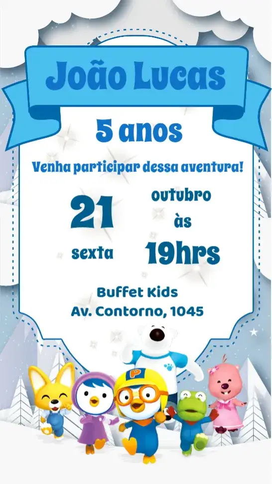 Convite Pororo – tema Aniversário Infantil inverno, desenho animado