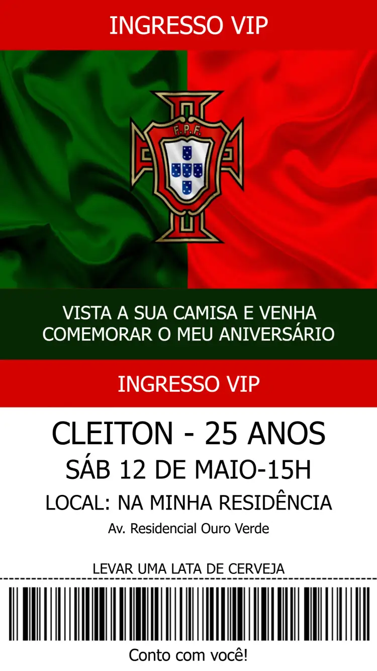Convite Portugal Futebol – tema Aniversário Infantil esportivo, vibrante, moderno, colorido, temático