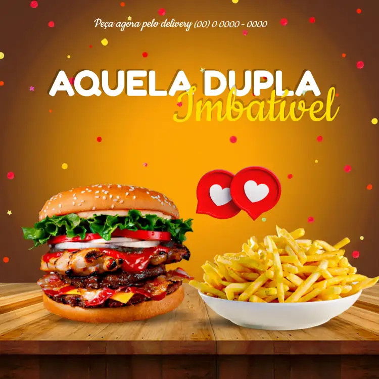 Convite Post Para Hamburgueria Coração – tema Mais pesquisados vibrante, divertido, moderno, colorido, gastronômico, descontraído