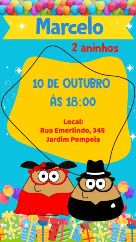 Convite Pou Azul – tema Aniversário colorido, divertido, infantil, moderno, lúdico