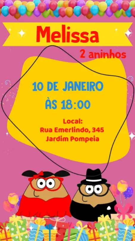 Convite Pou Rosa – tema Aniversário Infantil cores vibrantes, estilo lúdico, elementos do jogo Pou, design infantil, tema rosa, detalhes coloridos