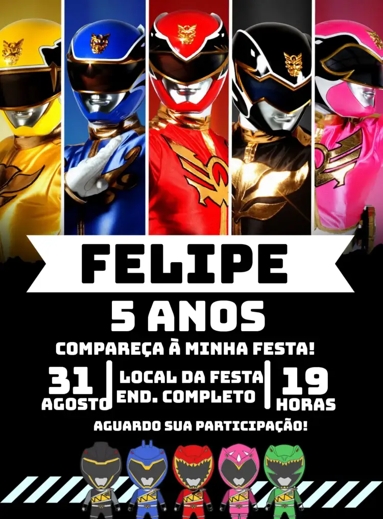 Convite Power Rangers Super – tema Mais pesquisados colorido, dinâmico, ação, super-heróis, vibrante, moderno