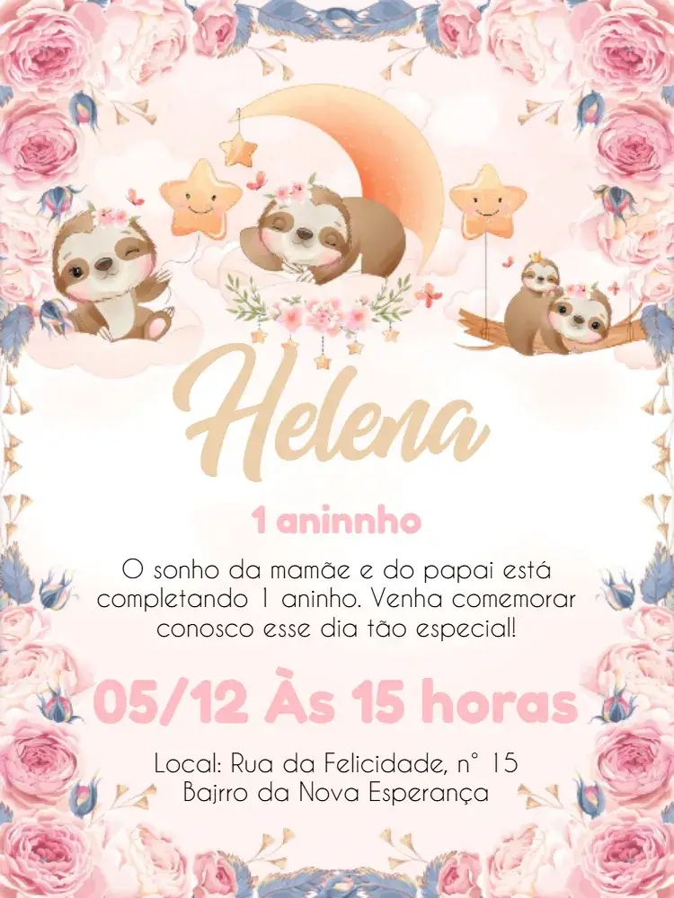Convite Preguiça Floral Branco – tema Datas Comemorativas floral, aquarela, pastel, infantil, colorido, moderno