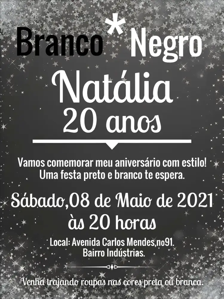 Convite Preto E Branco Adulto – tema Aniversário minimalista, moderno, elegante, glitter, preto e branco, clássico