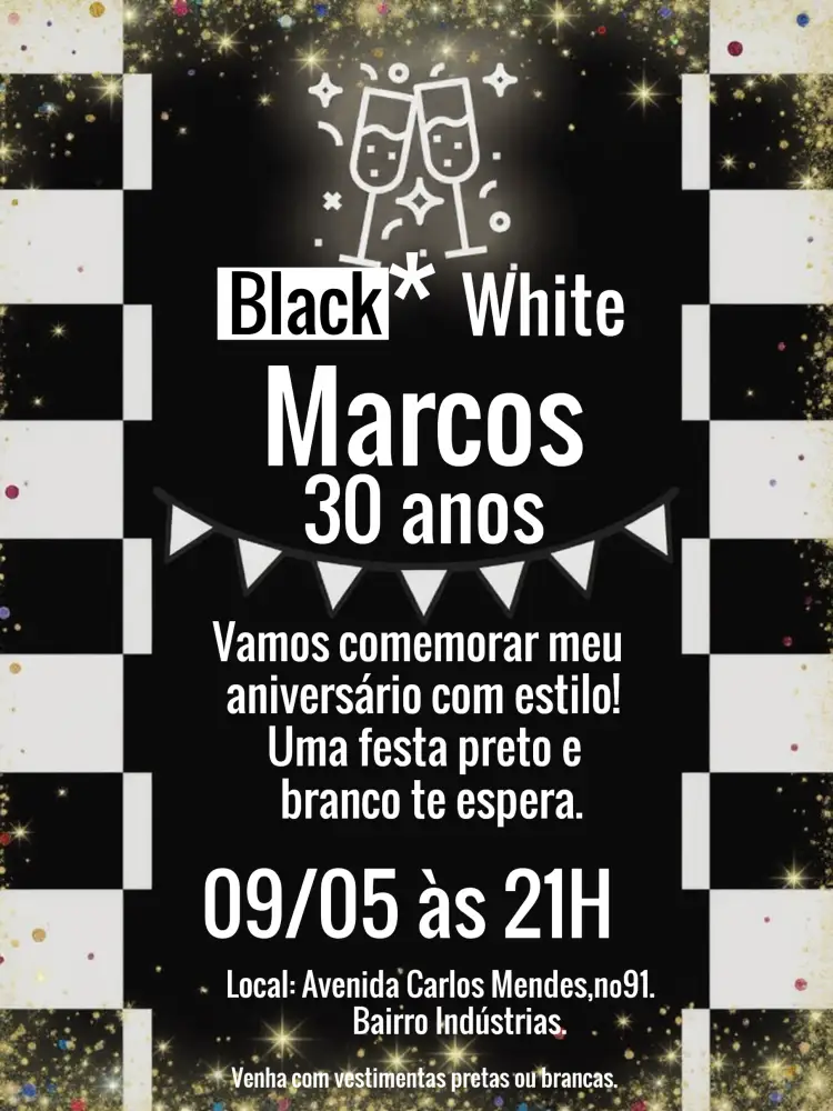Convite Preto E Branco Adulto – tema Aniversário elegante, minimalista, moderno, glitter, preto e branco, sofisticado