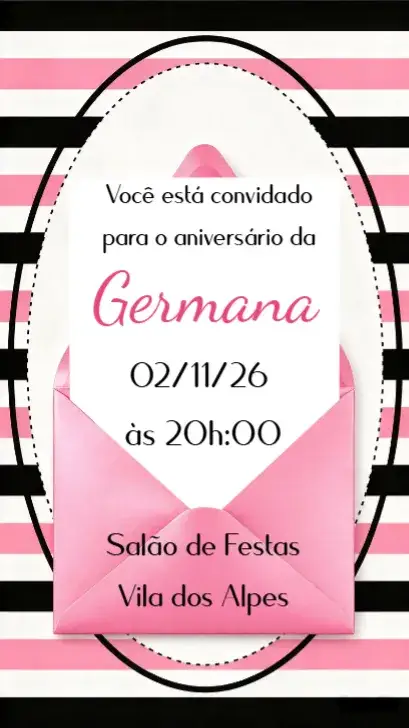 Convite Preto e Rosa Listrado – tema Aniversário