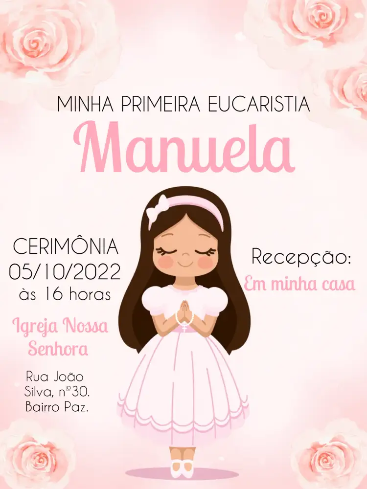 Convite Primeira Comunhão Barismo – tema Primeira Comunhão rosa e branco, delicado, moderno, minimalista, vintage