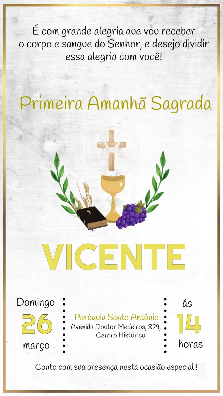Convite Primeira Comunhão Batizado – tema Primeira Comunhão delicado, moderno, clássico, floral, pastel, ilustrações infantis