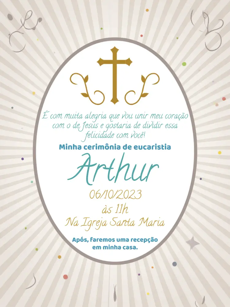 Convite Primeira Comunhão Branco editável e personalizável