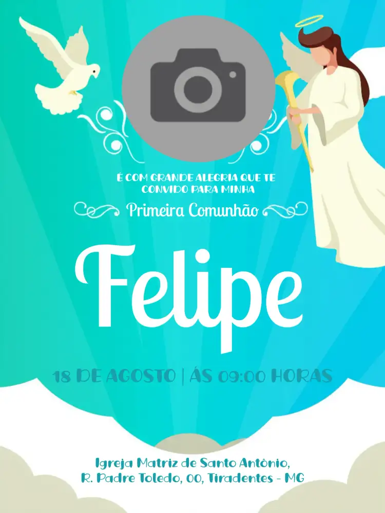 Convite Primeira Comunhão Com Foto Anjo – tema Primeira Comunhão azul, anjos, infantil, delicado, religioso
