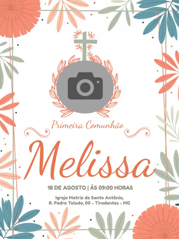 Convite Primeira Comunhão Com Foto Bege – tema Primeira Comunhão floral, delicado, minimalista, bege, moderno, anjos