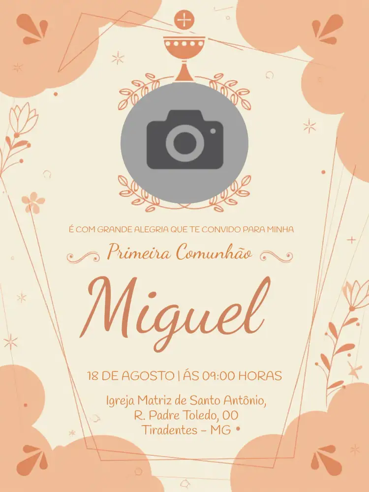 Convite Primeira Comunhão Com Foto Dourado – tema Primeira Comunhão dourado, bege, elegante, religioso, moderno, minimalista