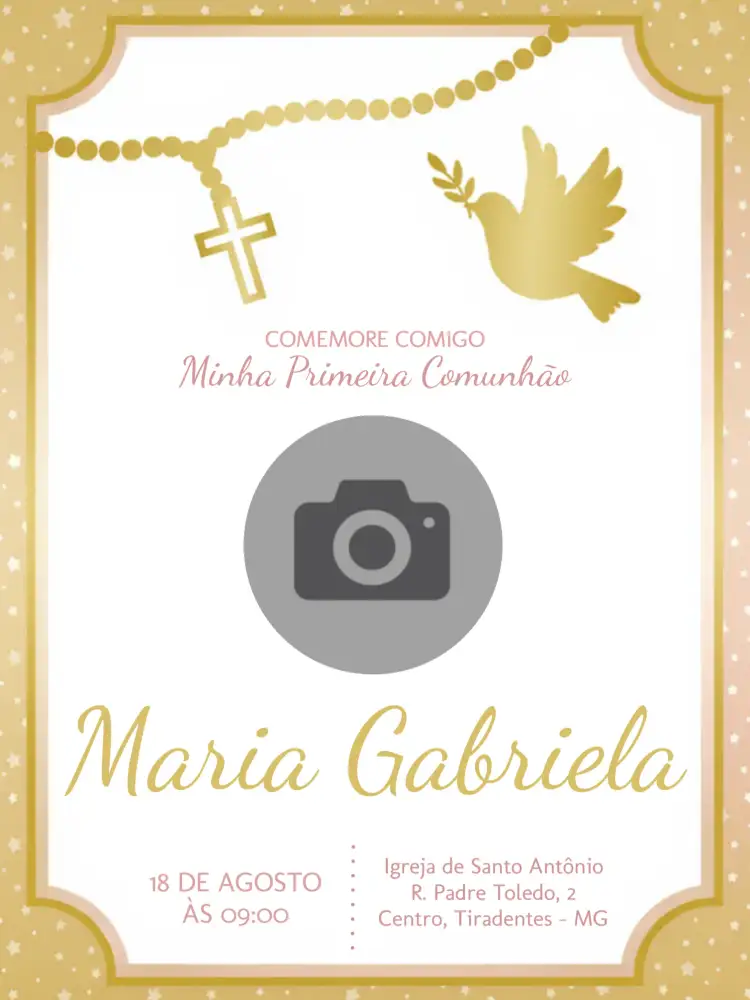 Convite Primeira Comunhão Com Foto Menina – tema Primeira Comunhão rosa delicado, anjos, estilo infantil, design moderno, elementos florais, toque religioso