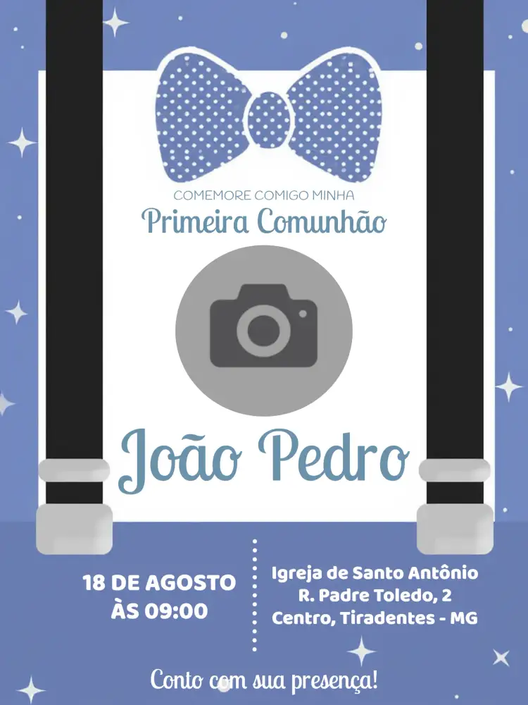Convite Primeira Comunhão Com Foto Menino – tema Primeira Comunhão azul, poá, moderno, infantil, elegante