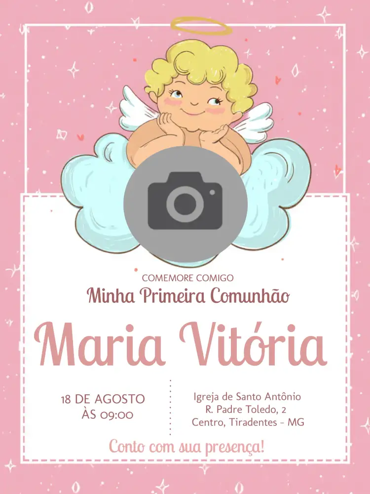 Convite Primeira Comunhão Com Foto Pink – tema Primeira Comunhão pink, delicado, religioso, infantil, moderno, sustentável