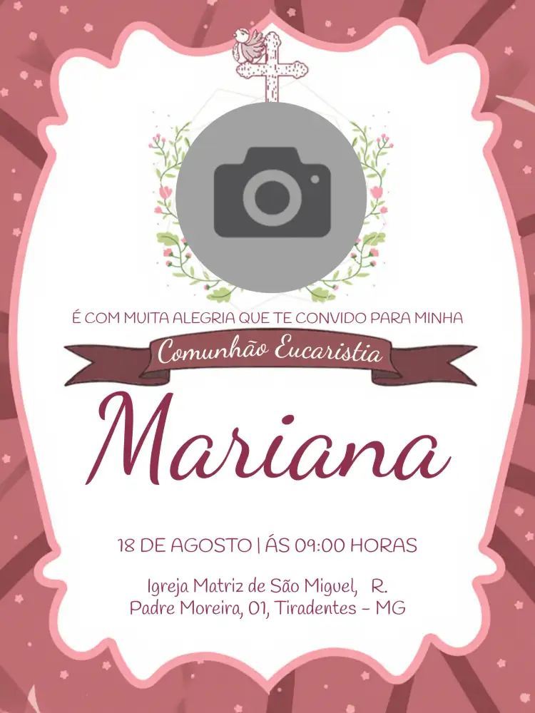 Convite Primeira Comunhão Com Foto Rosa – tema Primeira Comunhão rosa, delicado, infantil, espiritual, elegante