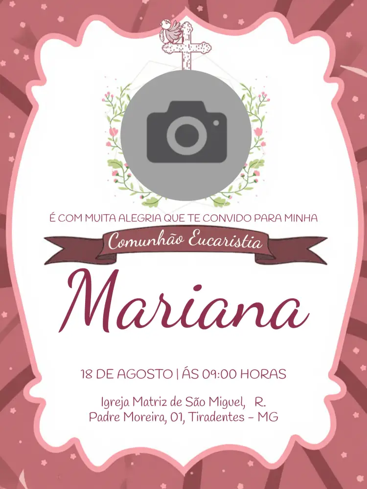 Convite Primeira Comunhão Com Foto Rosa editável e personalizável