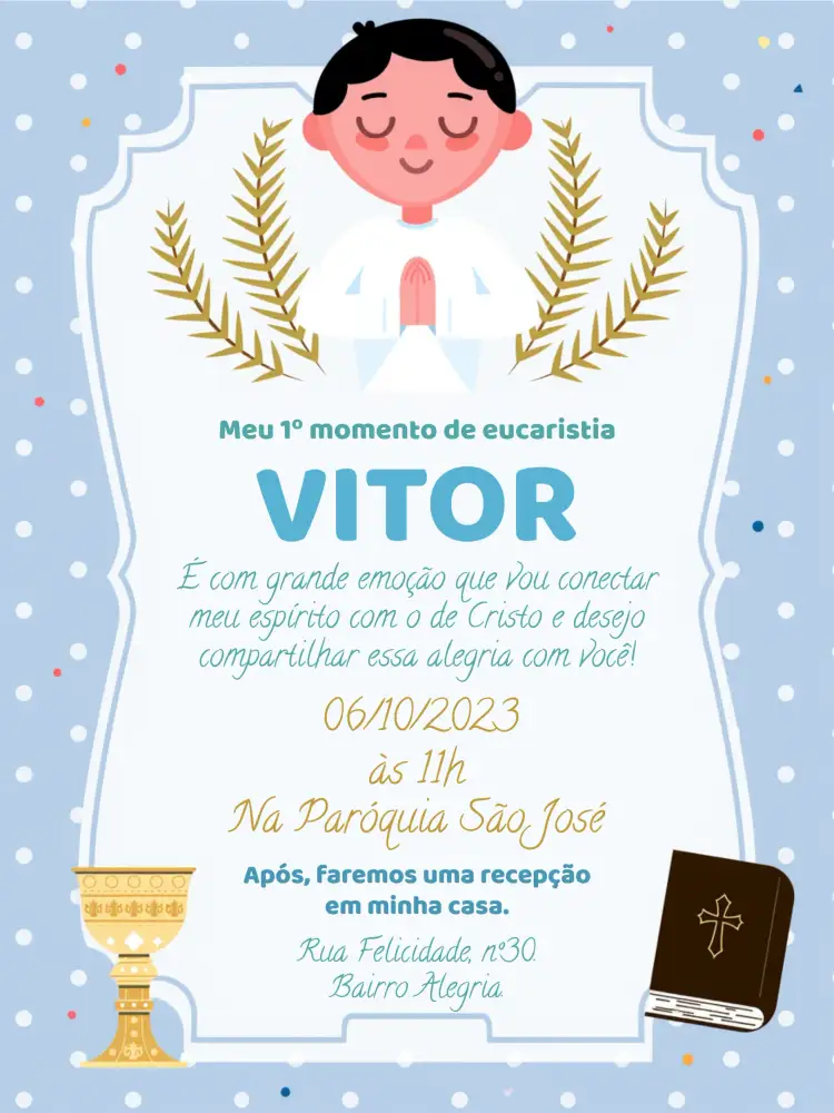 Convite Primeira Comunhão Igreja – tema Primeira Comunhão azul e branco, minimalista, moderno, religioso, clássico, infantil