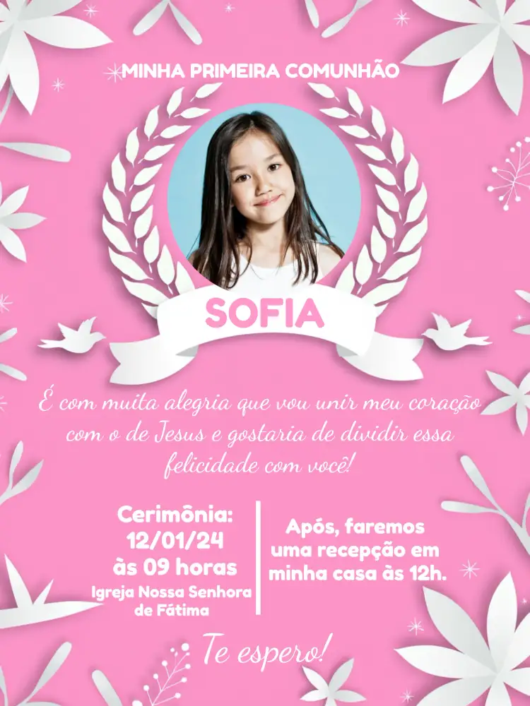 Convite Primeira Comunhão Rosa Com Foto Eucaristia – tema Primeira Comunhão rosa, delicado, moderno, elegante, infantil