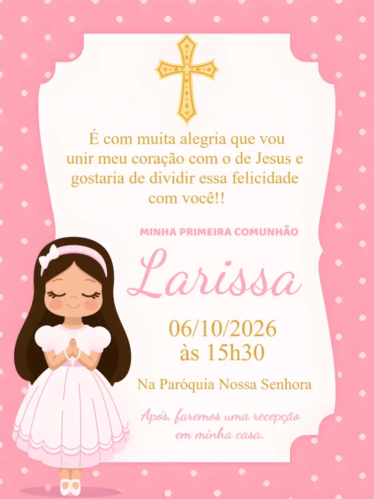 Convite Convite digital Primeira Comunhão Rosa editável e personalizável
