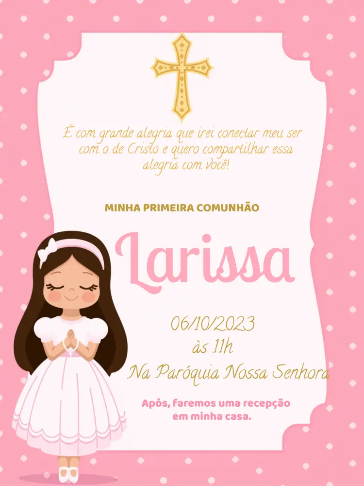 Convite Primeira Comunhão Rosa editável e personalizável