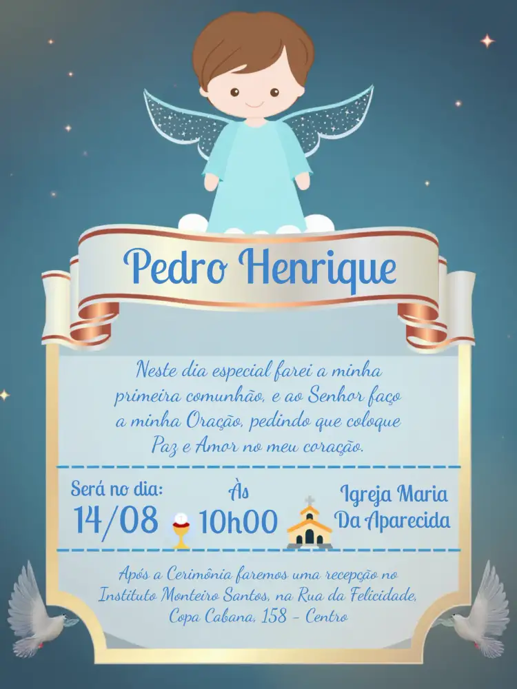 Convite Primeira Eucaristia Azul – tema Primeira Comunhão azul, branco, dourado, elegante, delicado, religioso