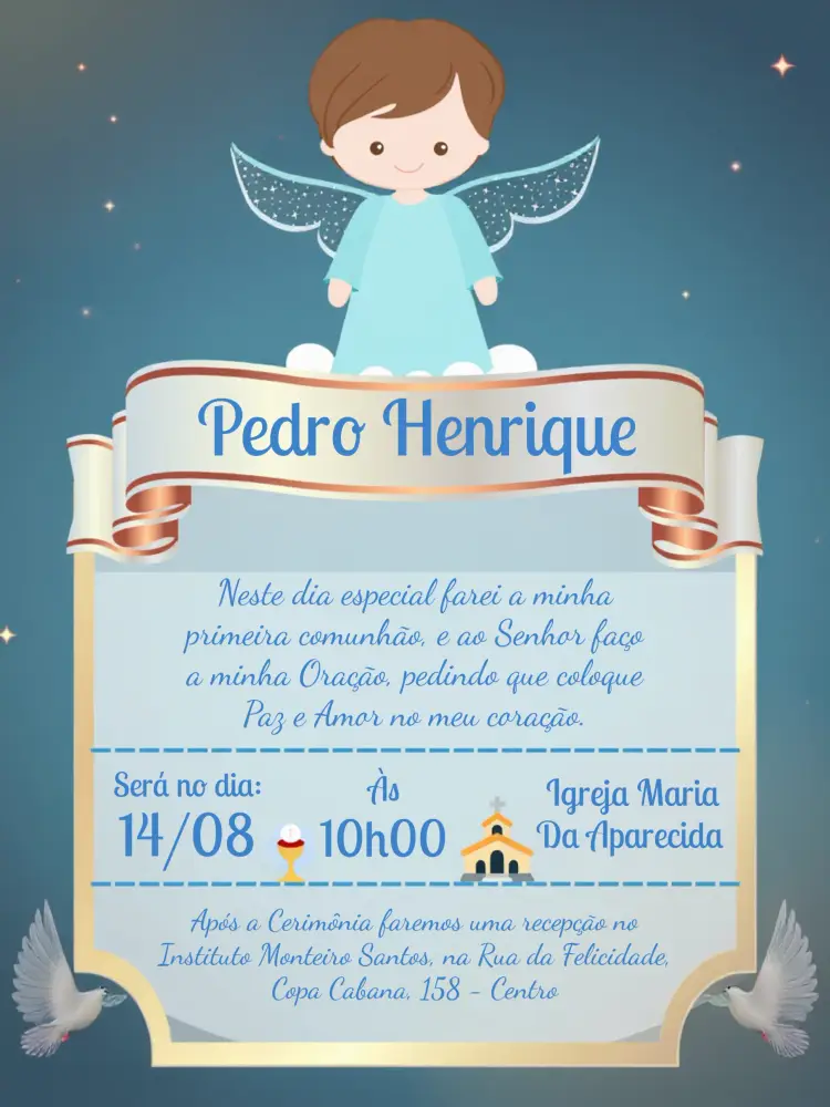 Convite Primeira Eucaristia Azul editável e personalizável