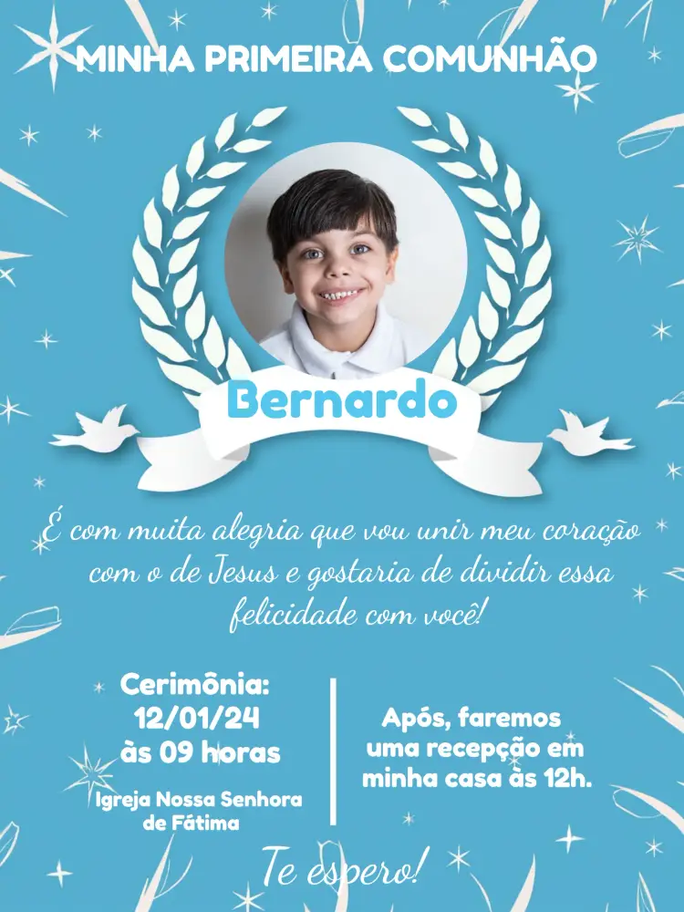 Convite Primeira Eucaristia Azul Com Foto Batizado editável e personalizável