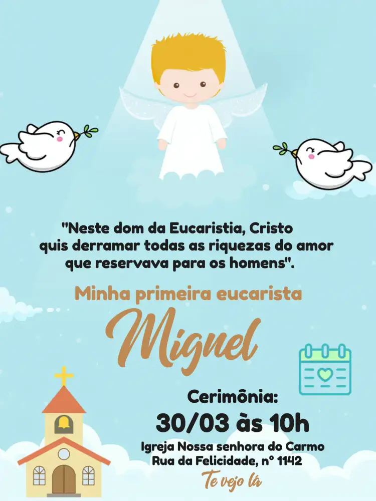 Convite Primeira Eucaristia Azul – tema Primeira Comunhão azul, anjinhos, pombos, católico, infantil, delicado
