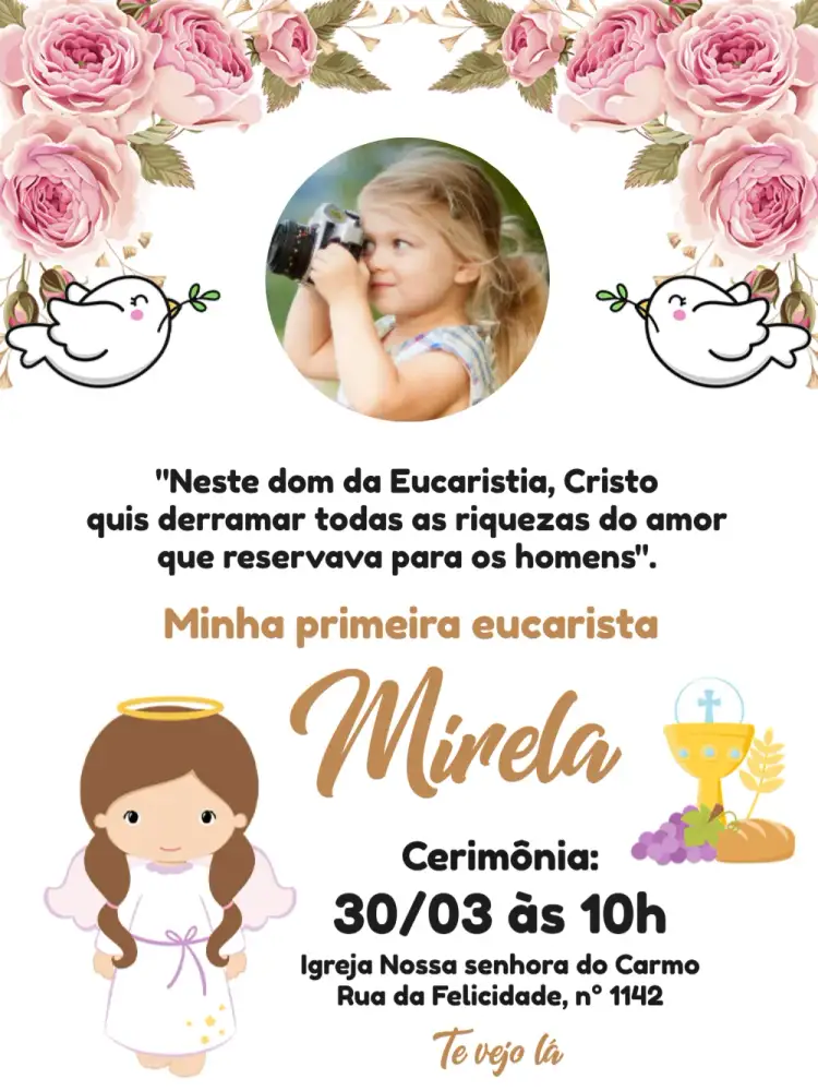 Convite Primeira Eucaristia Com Foto Igreja – tema Primeira Comunhão rosa, delicado, elegante, espiritual, infantil, clássico