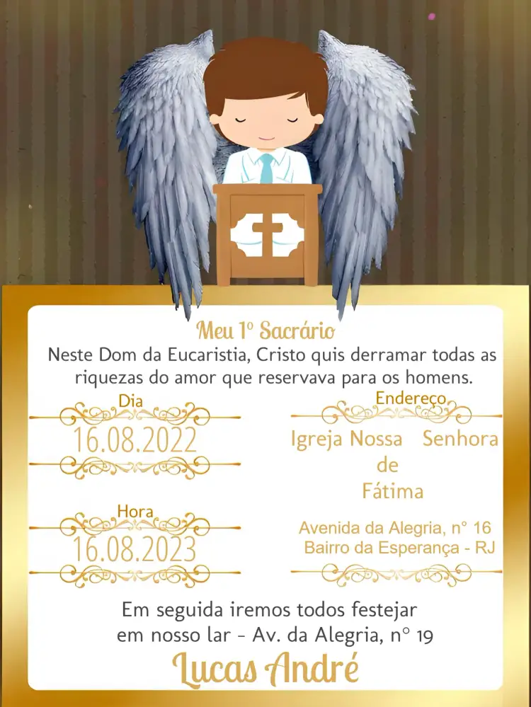 Convite Primeira Eucaristia Dourado – tema Primeira Comunhão dourado, minimalista, moderno, elegante, religioso