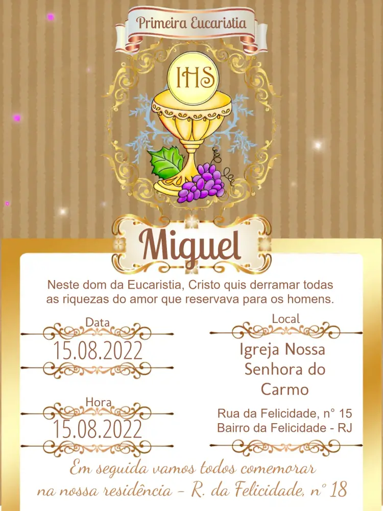 Convite Primeira Eucaristia Dourado