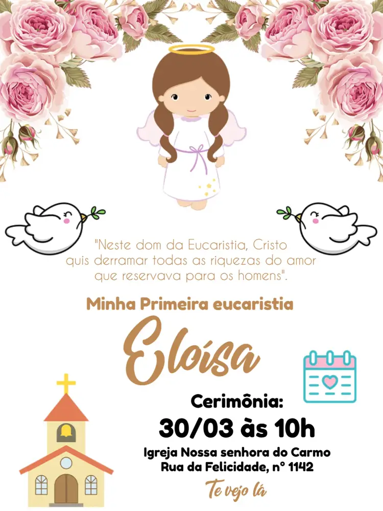 Convite Primeira Eucaristia Flor editável e personalizável
