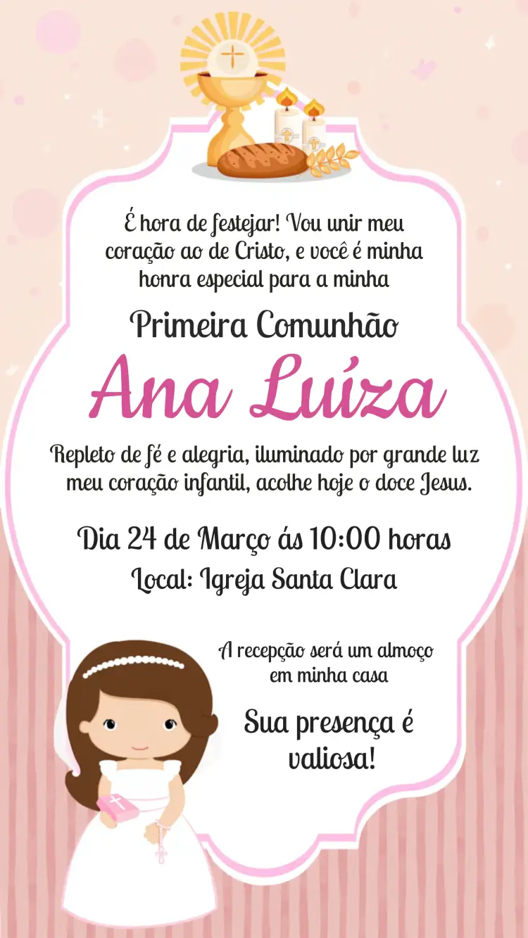 Convite Primeira Eucaristia Igreja editável e personalizável