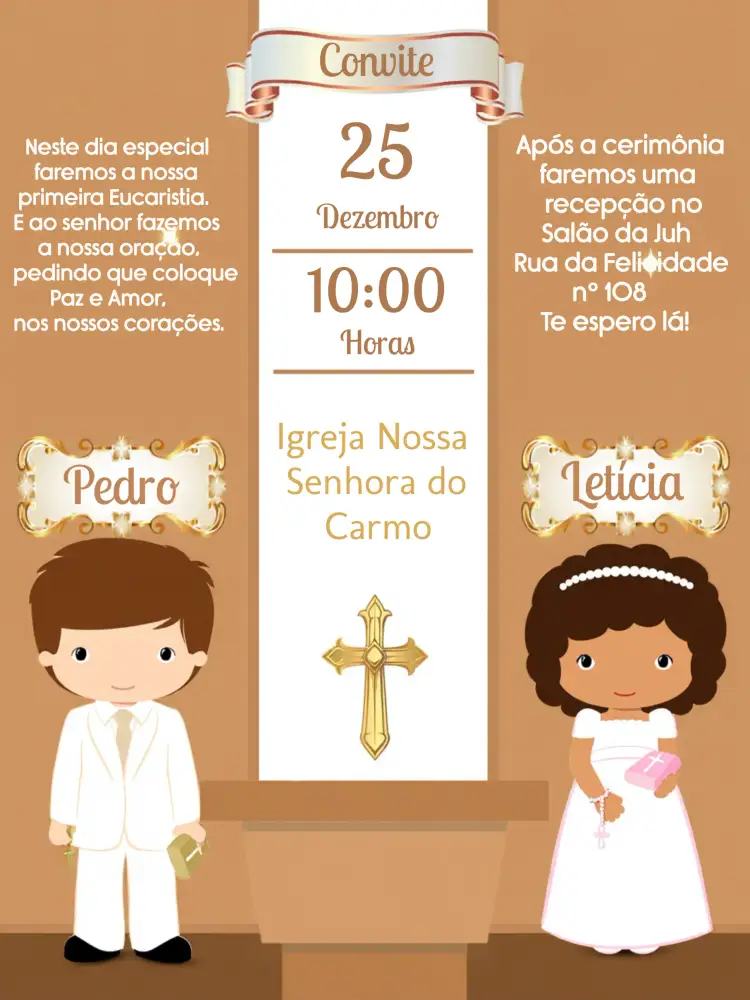 Convite Primeira Eucaristia Marrom – tema Primeira Comunhão marrom, dourado, branco, elegante, minimalista, infantil