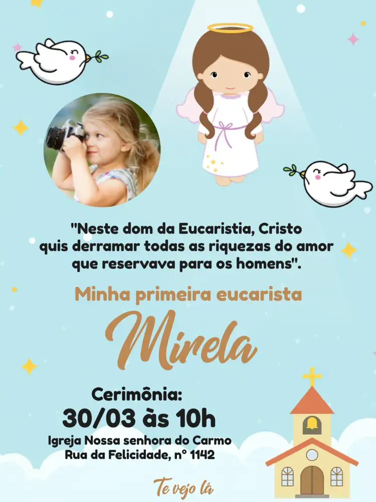Convite Primeira Eucaristia Menina Com Foto Comunhão – tema Primeira Comunhão floral, pastel, moderno, infantil, religioso, divertido