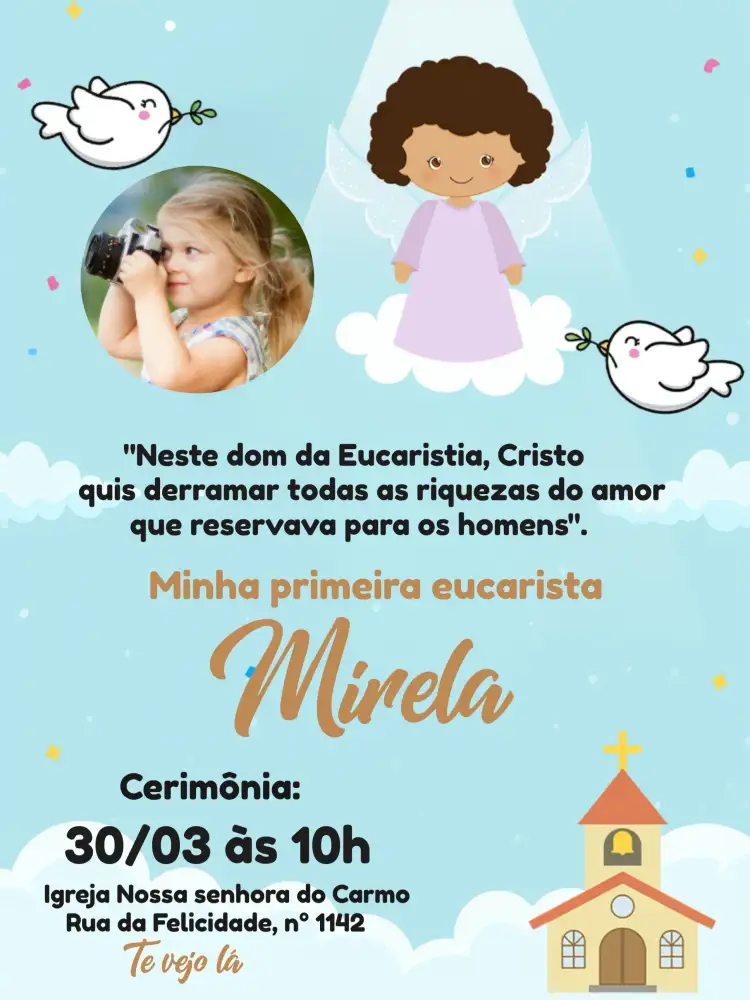 Convite Primeira Eucaristia Menina Com Foto – tema Primeira Comunhão delicado, religioso, suave, católico, infantil